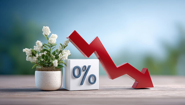 White percent cube with red downward arrow and potted flower, calm decline scene - Powered by Adobe