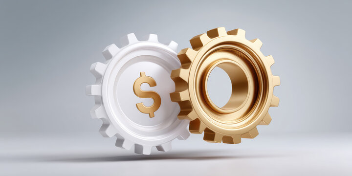 Gold gear and white gear with dollar symbol conveying financial productivity and innovation