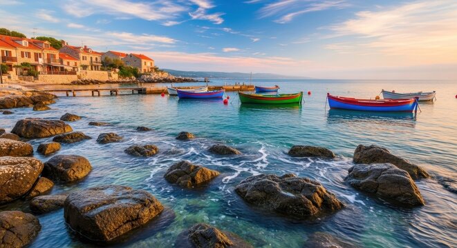 Colorful Boats Floating On Calm Water Near a Coastal Village - Powered by Adobe