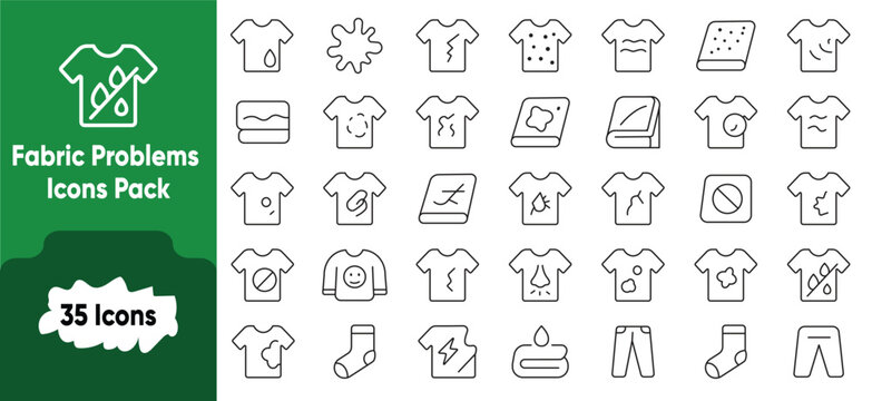 Clean icons showing fabric issues like stains, wrinkles, holes, odor, fungus, dust, and tears. Ideal for garment care, laundry guides, and textile use.