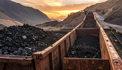 石炭を運ぶトロッコと山間の採掘景4