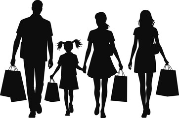 Silhouette family walking together holding shopping bags during leisure shopping time, parents and children enjoying retail activity and lifestyle scene