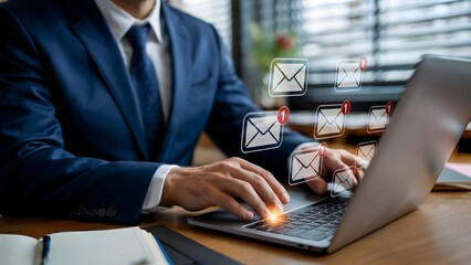 A businessman in a suit typing on a laptop with glowing digital overlays showing envelope icons and a red notification badge in a modern workspace