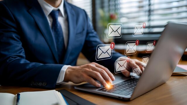 A businessman in a suit typing on a laptop with glowing digital overlays showing envelope icons and a red notification badge in a modern workspace