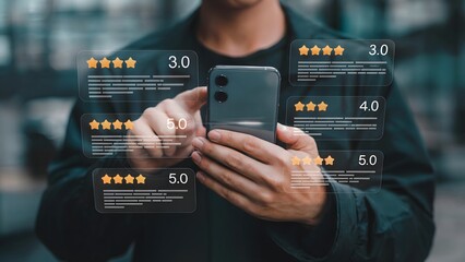 A person holding a smartphone surrounded by glowing digital overlays showing star ratings review snippets and numerical scores in a dark background