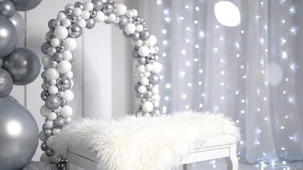Elegant White and Silver Balloon Arch with Fur Bench and Twinkling Lights for a Festive Celebration or Photoshoot Backdrop