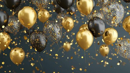 Festive celebration with golden balloons and floating confetti creating a joyful atmosphere for a special event or party