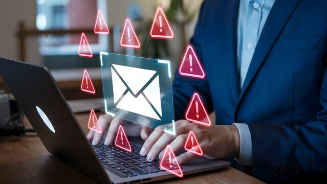 A person in a blue suit typing on a laptop with glowing digital overlays showing a white envelope and red warning icons in a modern workspace - Powered by Adobe