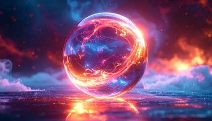 A luminous sphere with fiery colors floats above a reflective surface, framed by ethereal clouds and a celestial background
