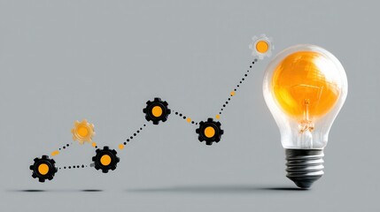 Dynamic gears propel bright idea forward on upward trend line, symbolizing innovation and business growth