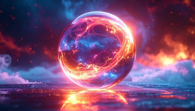 A luminous sphere with fiery colors floats above a reflective surface, framed by ethereal clouds and a celestial background