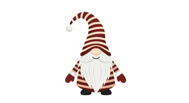 A cute cartoon gnome character wearing a striped hat and clothes with a long white beard, standing against a clean white background.