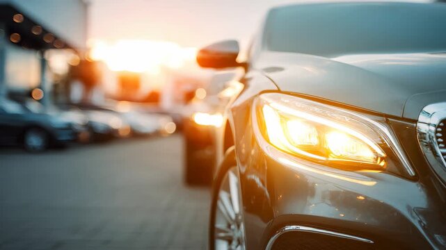 Car parked in an outdoor lot for sale or rent at sunset with a lineup of other vehicles in the background