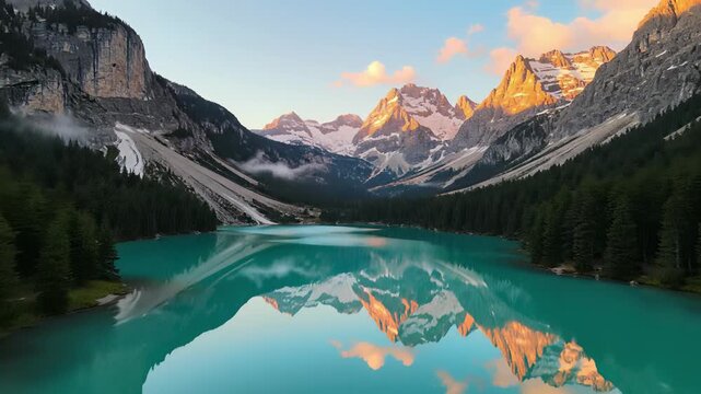 Lake reflections mirror majestic mountain peaks in perfect harmony, capturing the serene concept of balance and equilibrium while inviting viewers to find peace in natures stillness.
