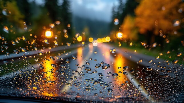Captivating bokeh lights shimmer through raindrops on a car windshield during a moody evening drive - Powered by Adobe