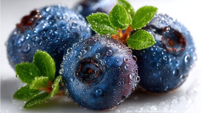 Vibrant, dew-kissed blueberries with fresh green leaves offer a burst of natural goodness and healthy indulgence for your projects.
