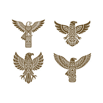 eagle or hawk illustrations with geometric tribal patterns. Emblematic bird designs for Native American, Aztec, or ethnic mythology logos