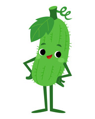 Cute cucumber character in standing pose with happy smile. Flat illustration of green vegetable isolated on white background. Kawaii vector mascot for food or healthy eating projects for kids