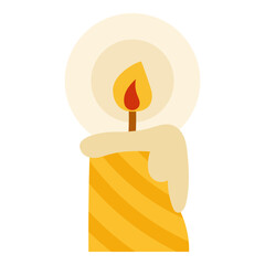 Yellow burning candle with warm flame and wax drops. Flat illustration isolated on white background. Vector image for Christmas art, winter postcards and celebration themes.