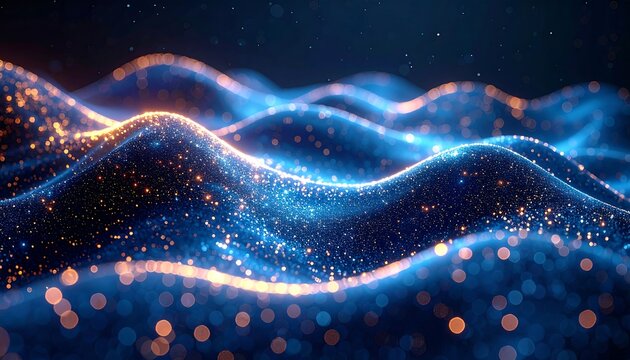 Glowing digital wave formation with shimmering particles and a gradient background, representing data and technology