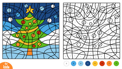 Christmas tree color by number page. Fun and educational activity game for preschool and kindergarten children about winter holidays. Square picture to learn numbers and colors