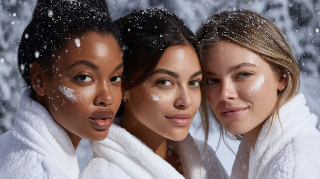 Three diverse women with glowing skin wearing white bathrobes smiling with snow falling in winter outdoor scene - Powered by Adobe