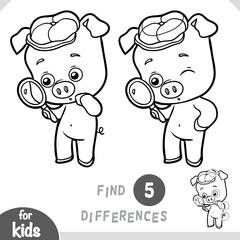 Cute Pig Detective with magnifier. Spot the differences game for kindergarten and preschool children. Black and white coloring page for kids. Kawaii character