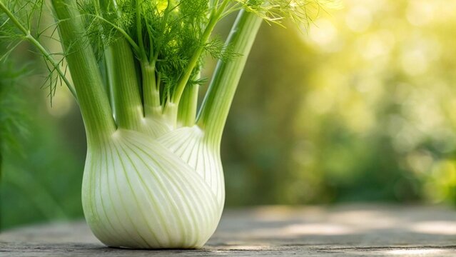 Fresh fennel bulb glistening in sunlight, perfect for healthy recipes and vibrant culinary creations for chefs and foodies alike