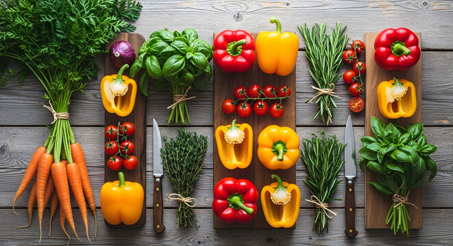 Fresh vegetables and herbs arranged on a rustic wooden surface for cooking
