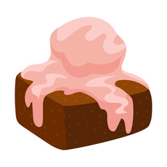 Chocolate brownie cake with scoop of pink strawberry ice cream. Vector dessert illustration isolated on white background. Cute sweet design for cafe, recipe cards, or menu projects.