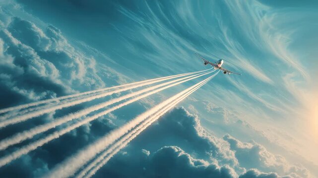 Colorful clouds and contrails filled the sky as a passenger jet soars high during a sunset