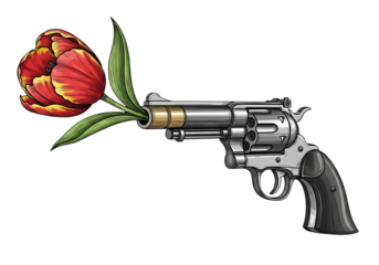 A thoughtprovoking illustration of a revolver with a vibrant tulip emerging from the barrel isolated on transparent background
