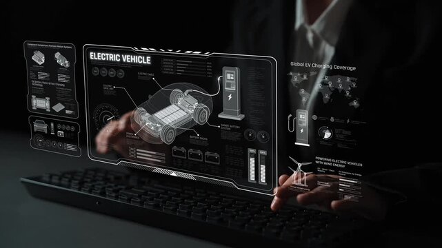 Technical layout of electric vehicle showing battery system, power control, traction motor, charging interface, and integration with renewable and smart energy sources Marrow