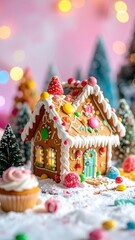A festive gingerbread house with colorful candies, frosting, and a cupcake sit in a snowy scene near small evergreen trees