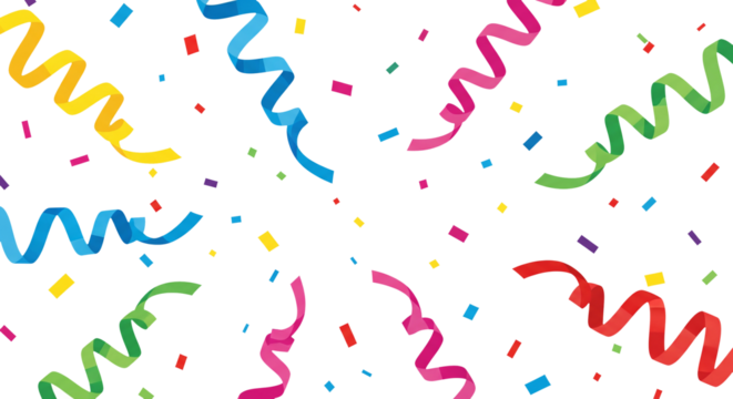 Colorful confetti and serpentine isolated on transparent background for party celebration