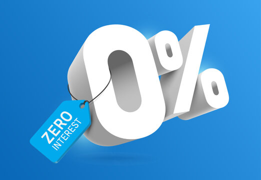 A white 3D 0% number floats in the air and has a tag label attached to side with the text zero interest for designing promotional ads for free fees and free interest, vector 3d on blue background