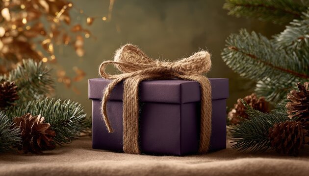 Festive purple gift box adorned with natural twine sits amidst evergreen boughs and pinecones