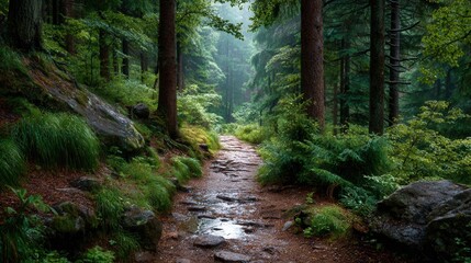 Fototapeta premium Step onto a winding forest path after rain, surrounded by lush green foliage and ancient trees, inviting a serene outdoor adventure.