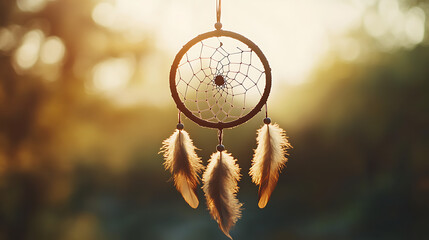 Dreamcatcher hanging with feathers, warm sunlight, bohemian style, peaceful, spiritual
