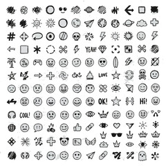 Hand-Drawn Doodle Icons Collection – 150 Sketch Symbols and Emojis Set