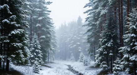 A tranquil snowy path winds through a dense evergreen forest during a winter snowstorm.