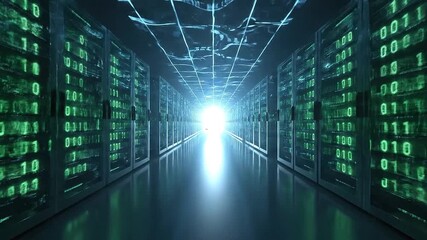 Illuminated data center aisle with glowing green binary code patterns, representing digital information storage and advanced technology infrastructure for the future - Powered by Adobe