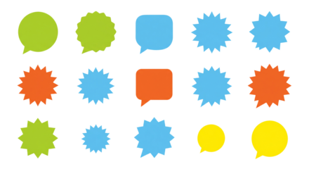 Colorful speech bubbles and starbursts isolated on transparent background offer versatile communication