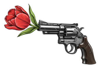 A red tulip grows from the barrel of a gun isolated on transparent background, symbolizing peace