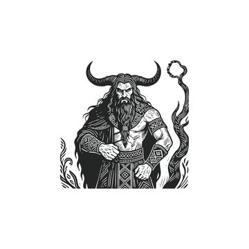 Veles, Slavic God of the Underworld. Dark vintage woodcut style illustration of a horned figure with traditional clothes standing on human skulls and bones. Occult mythology vector.
