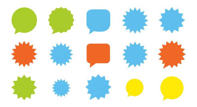 Colorful speech bubbles and starbursts isolated on transparent background offer versatile communication