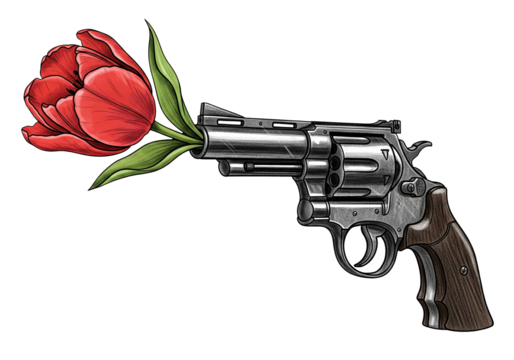 A red tulip grows from the barrel of a gun isolated on transparent background, symbolizing peace