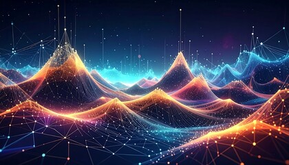 Digital landscape with glowing mountains and connecting nodes, showcasing data visualization in vibrant blues, oranges, and purples