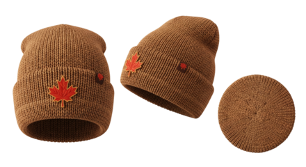 Three brown knit beanies with a red maple leaf isolated on transparent background