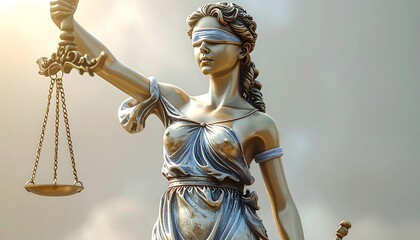 Obraz premium A golden statue of a blindfolded woman holding scales and a sword, representing justice. The statue has fine details